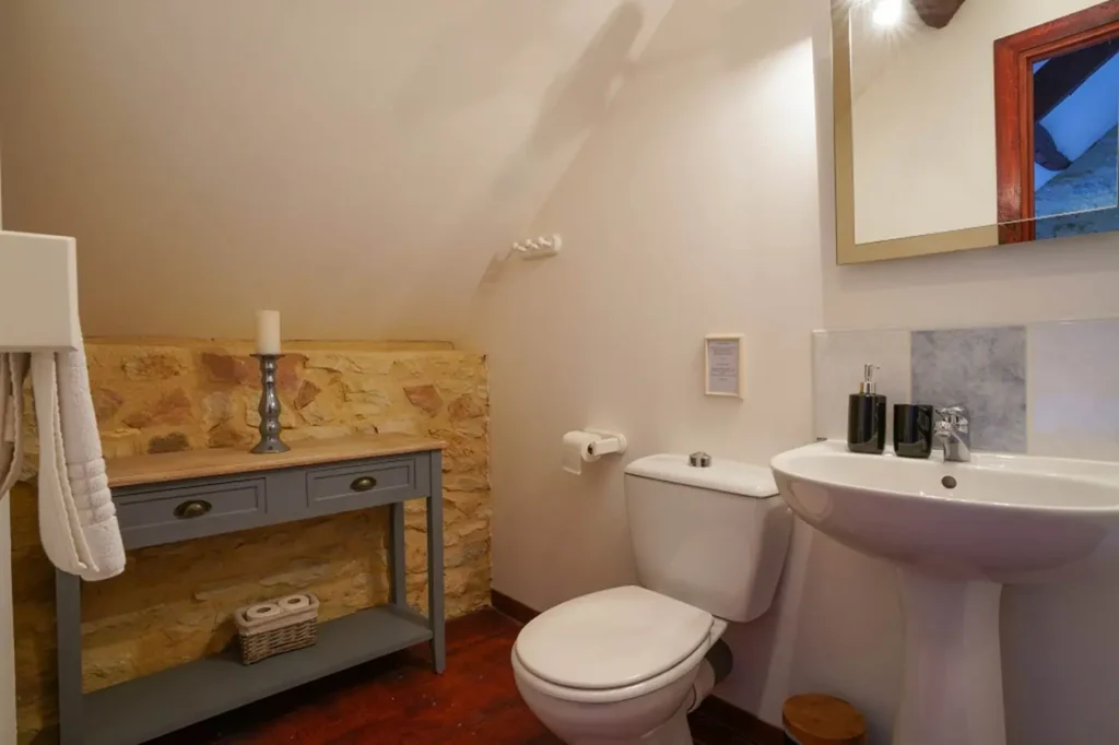 Salle de bain : lavabo, WC et console en bois